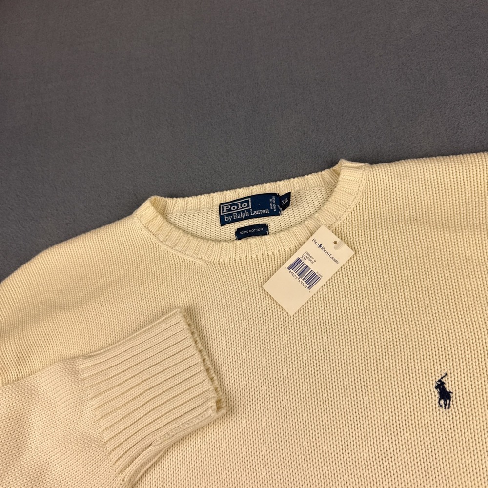 Polo Ralph Lauren Sweater Men's 2XL Cream Cotton Knit Crewneck Pullover Vtg NEW